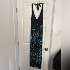 Y2K VINTAGE VTG WOMEN’S HALTER MAXI DRESS HEART SOUL BLACK BLUE PEACOCK PRINT M
